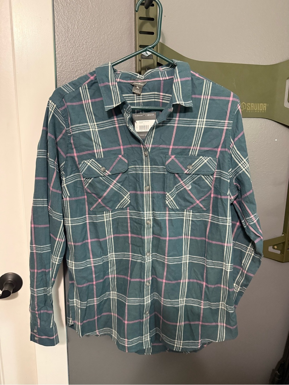 Eddie Bauer Teal Plaid Button-Down Shirt with Pink Accents